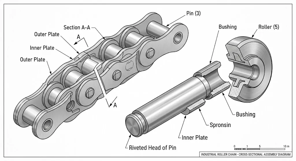 Technical reference showing chain pitch measurement between pin centers