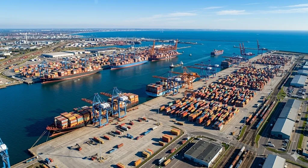 Container port facility handling export shipments of industrial chain products from China